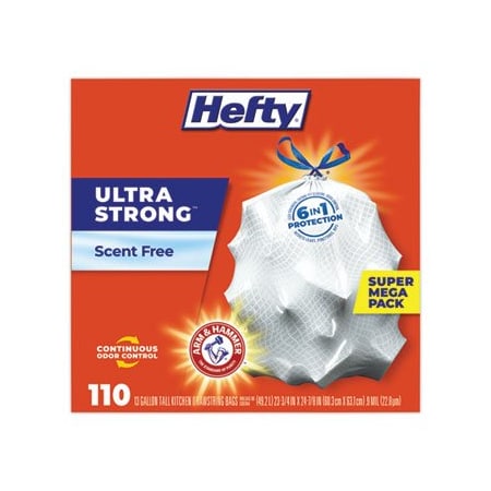 Hefty ULTRA STRONG TALL KITCHEN AND TRASH BAGS, 13 GAL, 0.9 MIL, 23.75in X 24.88in, WHITE, PK330 E88368CT
